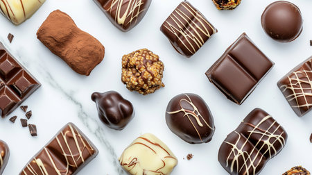 top view of various chocolate pralines isolated on white backgroundの素材