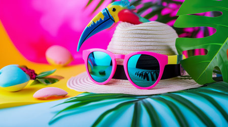 Toucan sunglasses and summer hat in studio with a colorful and bright backgroundの素材