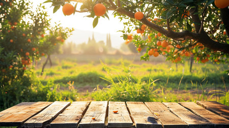 Tree Table wood Podium in farm display for food, perfume, and other products on nature backgroundの素材