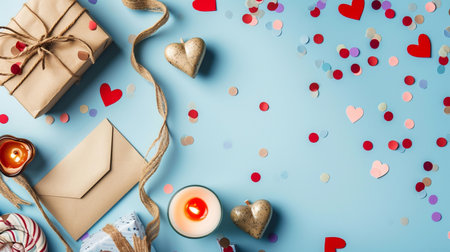 Valentine Day background. Gifts, candle, confetti, envelope on pastel blue backgroundの素材