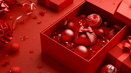 Valentine day design. Realistic red gifts boxes. Open gift box full of decorative festive objectの素材