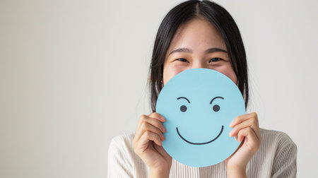 Compliment Day Concept. Asian woman holding blue happy smile face on paper cut. Generative AIの素材