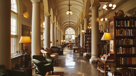 Beautiful front hall in the library with columns and vaulted ceilingsの素材