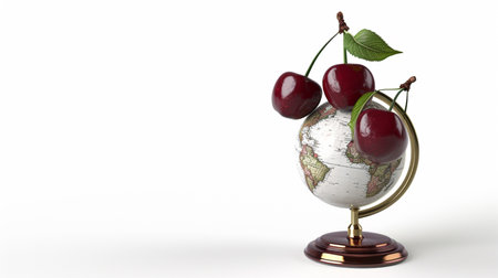 Cherry hanging on globe holder. Cherry Day Concept Background. AI Generativeの素材