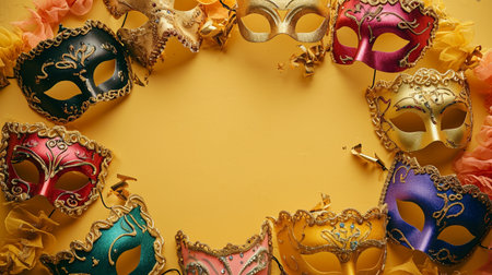 A group of Mardi Gras mask making a frame with copy space on a yellow background. Generative AIの素材
