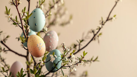 Composition with Easter eggs and green branches on beige background. Generative AIの素材