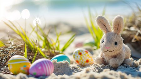 Cute rabbit toy and colorful painted easter eggs at the beach under sunshine. Generative AIの素材