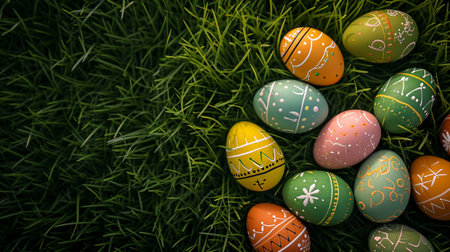 Decorated easter eggs in grass background. AI Generativeの素材