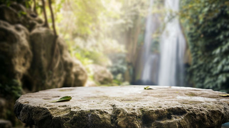 empty abstract stone podium top and blur of waterfall background. Natural Cosmetic Display Product. AI Generativeの素材