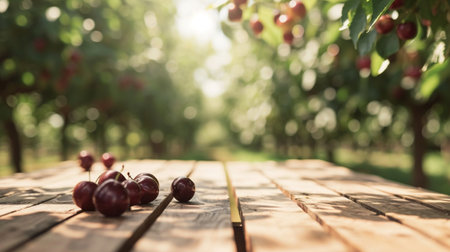 empty oak beige wooden table top and blur of cherry farm garden background. AI Generativeの素材