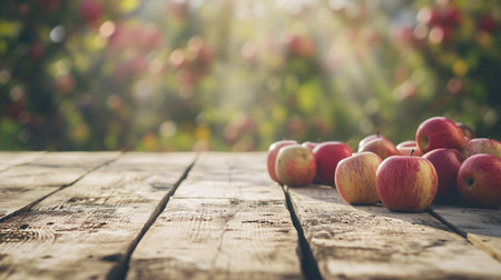 empty oak beige wooden table top and blur of red apple farm garden background. AI Generativeの素材