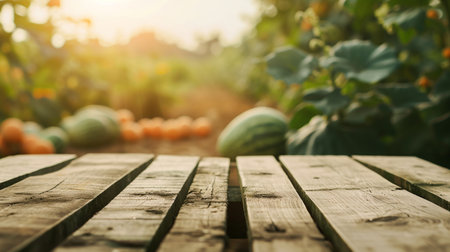 empty oak beige wooden table top and blur of melon farm garden background. AI Generativeの素材