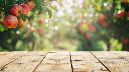 empty oak beige wooden table top and blur of pomegranate farm garden background. AI Generativeの素材