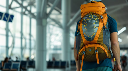 a tourist men wearing a tourist backpack on his back, was at the airport. copy space. AI Generativeの素材
