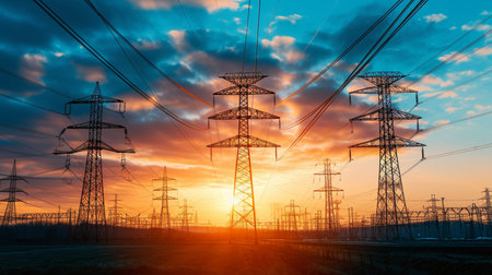 Extra high voltage air channels (SUTET), a transmission and distribution of electric power with sunrise in the background. AI Generativeの素材
