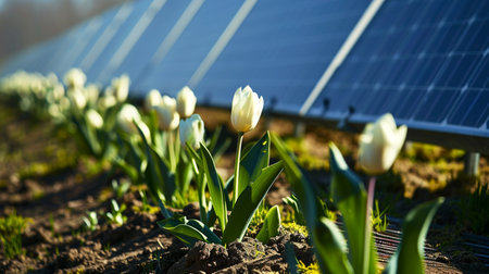 Flower bulb company with solar panels in a row on a roof. Photo taken with a drone Generative AIの素材