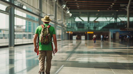 Full Body of A man wearing a green t-shirt, hat, and rassel on his back, was at the airport with copy space on left. AI Generativeの素材