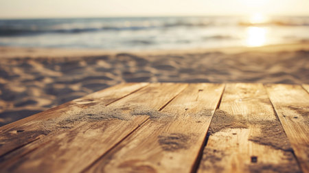 empty wooden table top and blur of sand and horizontal beach background. AI Generativeの素材
