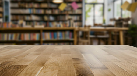 empty wooden table top and blur of room on a blur class room decoration background. AI Generativeの素材
