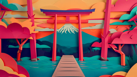 colorful paper cut Illustration of a Japanese gate with mount fuji in the background. AI Generativeの素材