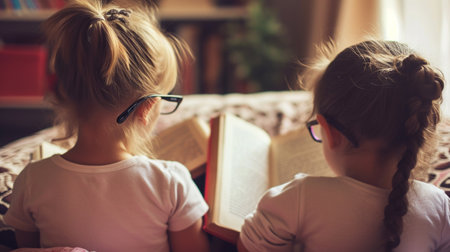 Glasses little kids reading a book shot from behind. World Book Day Concept. Generative AIの素材