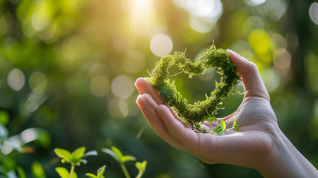 Hands holding green heart shaped green leaf. World Environment Day Background. Generative AIの素材