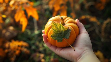 Womens hands holding pumpkin and inscription Fall on white pumpkin garden background. Generative AIの素材