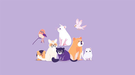 happy cute cat dog bird hamster monkey on lilac backgorund. Love Your Pets Day. Generative AIの素材