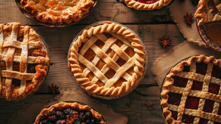 Thanksgiving pumpkin and apple various pies, top view, copy space. AI Generativeの素材