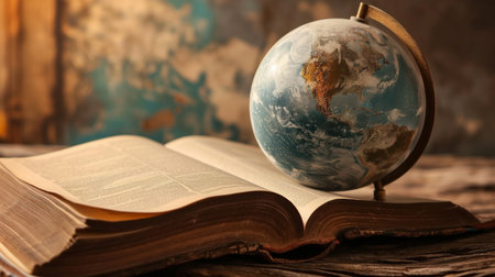 Classic globe planet and open book. AI Generativeの素材