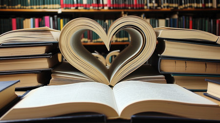 Love story book with open page of literature in heart shape. World Book Day Concept. AI Generativeの素材