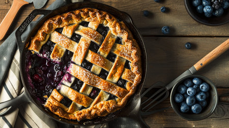 Pi Day special homemade blueberry pie baked in a skillet overhead view. AI Generativeの素材