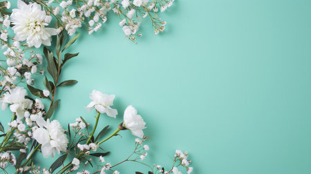 Beautiful Spring background with white cherry flower on Wooden light blue texture. AI Generativeの素材