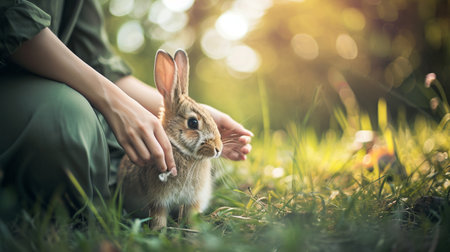 Young woman with adorable rabbit indoors, closeup. Lovely pet. Love Your Pet day. AI Generativeの素材