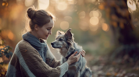 woman petting a dog on her lap. Love Your Pet day. AI Generativeの素材
