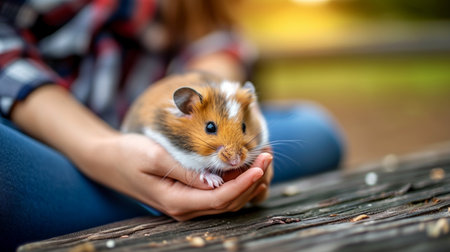 Cute little hamster in woman's hands on a white background. Love Your Pet day. AI Generativeの素材
