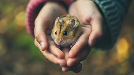 Woman holding cute little hamster indoors, closeup. Love Your Pet day. AI Generativeの素材