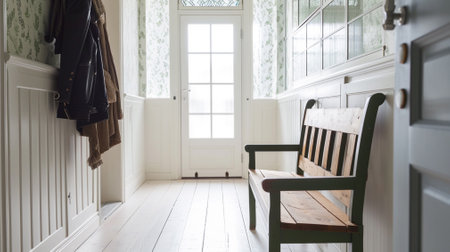 Nordic farmhouse hallway in white and green tones. Wooden bench and coat rackの素材