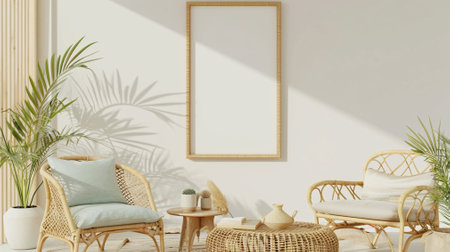 mockup frame in interior background, room in light pastel colors with rattan furnitureの素材