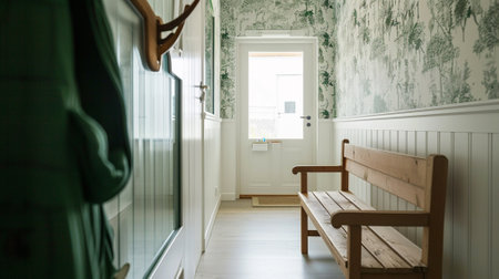 Nordic farmhouse hallway in white and green tones. Wooden bench and coat rackの素材
