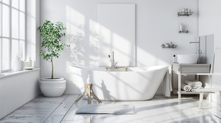 Poster mockup in white cozy bathroom interior backgroundの素材