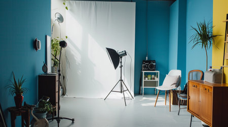 Small blue studio with white wall for creative young personの素材
