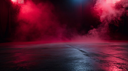 The dark stage shows, dark red background, an empty dark scene, neon lightの素材