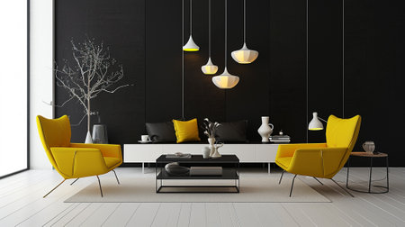 Modern space yellow armchairs in black and white living roomの素材