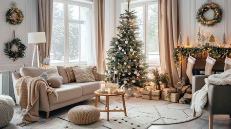 Amazing and cozy christmas living room interior with modular sofaの素材