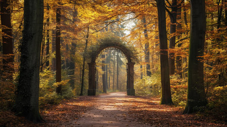 archway with autumn forest behindの素材