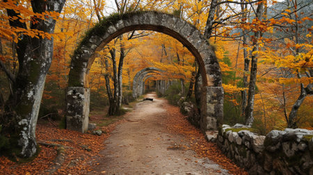 archway with autumn forest behindの素材