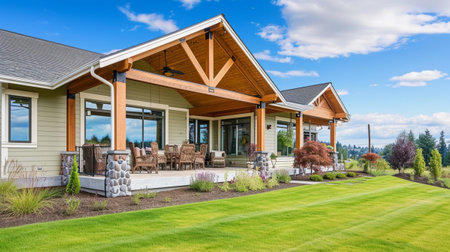 Beautiful new home exterior with covered porch and green grass on bright sunny day with blue skyの素材