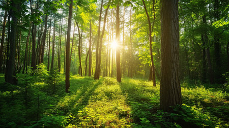 Beautiful sunny morning in green forestの素材