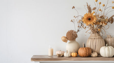 Cozy autumn home interior, various decorative wicker pumpkinsの素材